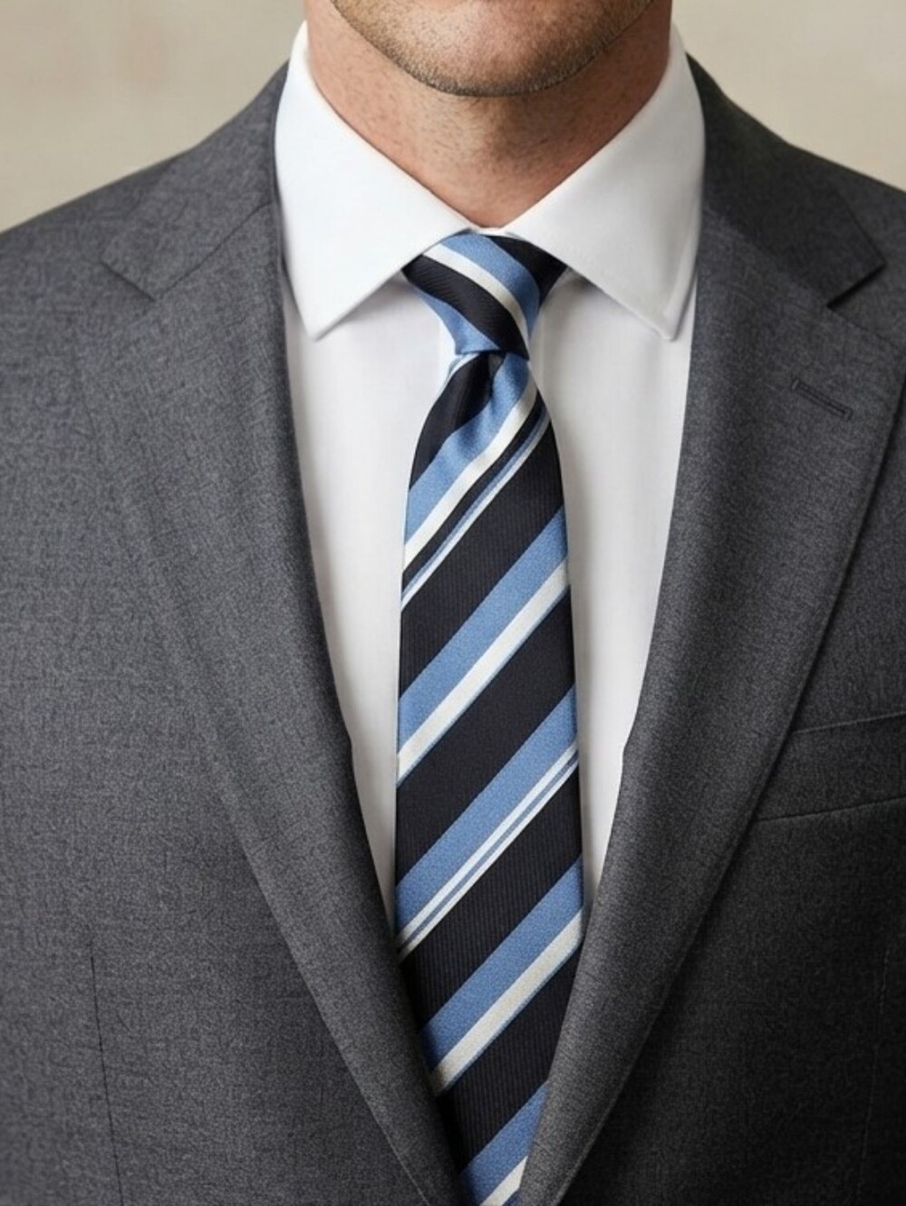 Boss Navy, Light Blue and White Diagonal Stripe Tie